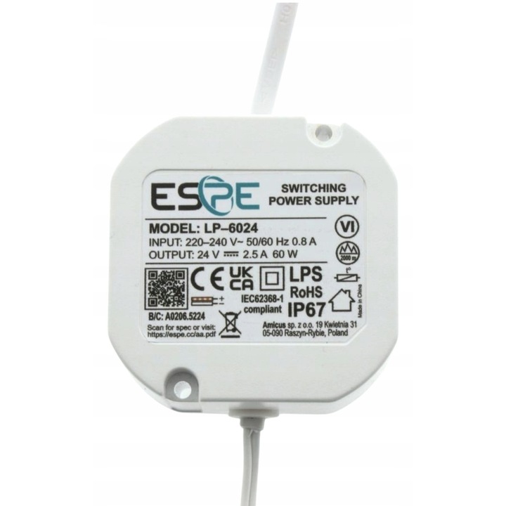 ESPe 24V 60W tápegység, IP67 vízálló, méretek 58x58x28,5mm, 1,25A