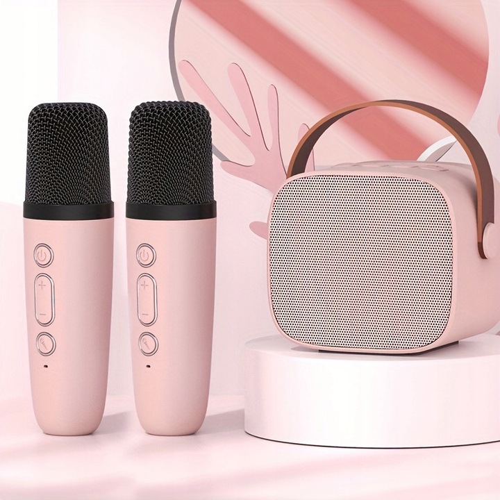 Mini set karaoke K1, 2 microfoane wireless, roz, Bluetooth 5.0, 6W, 6h autonomie