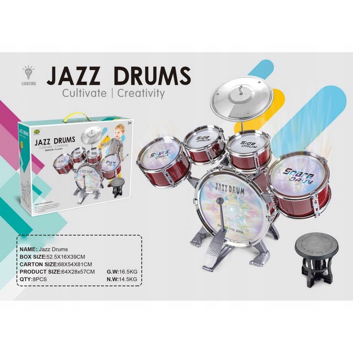 Ramiz gyerek dobfelszerelés, 5 részes, fényeffektussal, 67x57cm, székkel együtt