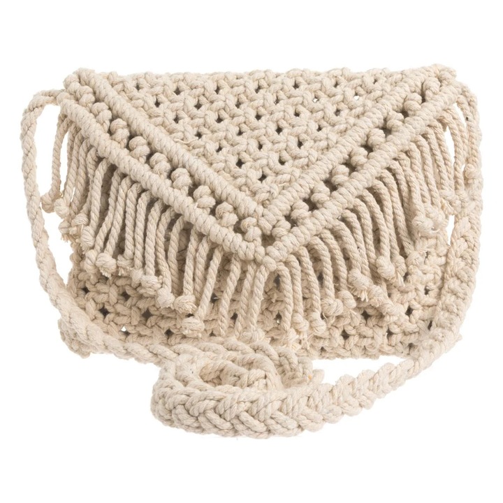 Poseta din Bumbac Crossbody cu Macrame & Franjuri 24x20cm