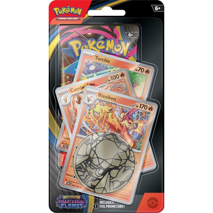 Pokemon TCG Mega Evolution kártya - Phantasmal Flames - Blister Premium Checklane Blaziken, 3 promóciós kártya, 10 véletlenszerű kártya