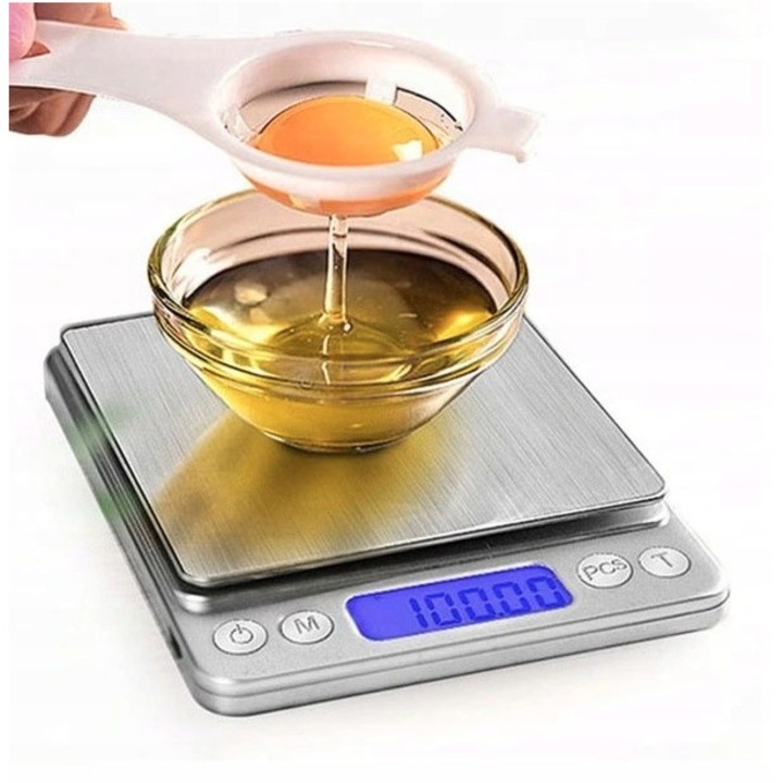 Cantar de bijuterii si de bucatarie 500g, LCD, precizie 0,01g, 12,7x10,6x1,9cm, argintie, set cu 2 recipiente si 2 baterii AAA
