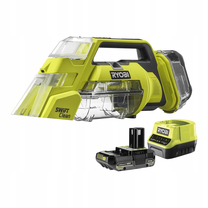 Aspirator cu apa Ryobi Swift Clean 18V, acumulator 2.0Ah, rezervor 200ml, set cu detergent 250ml