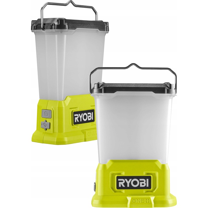 Lampa LED Ryobi RLL18-0 ONE+, 18V, 850 lm, за къмпинг и работилница, матова леща 360° намалява отблясъците, 3 степени на яркост, USB порт, без батерия и зарядно устройство, Зелен/Бял, 1 бр