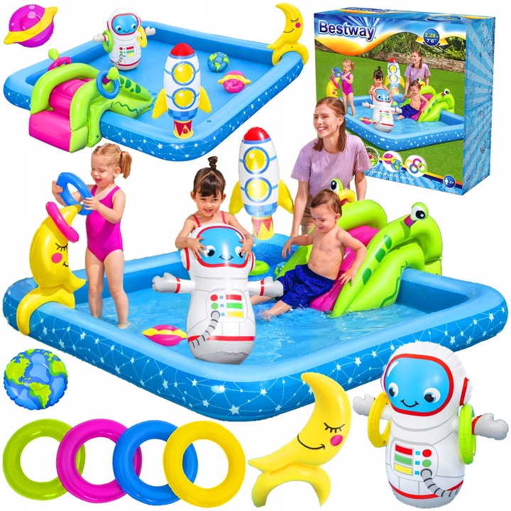 Детски басейн, Bestway, надуваема площадка за игра, пързалка, фонтан, 228x206x84см, многоцветен