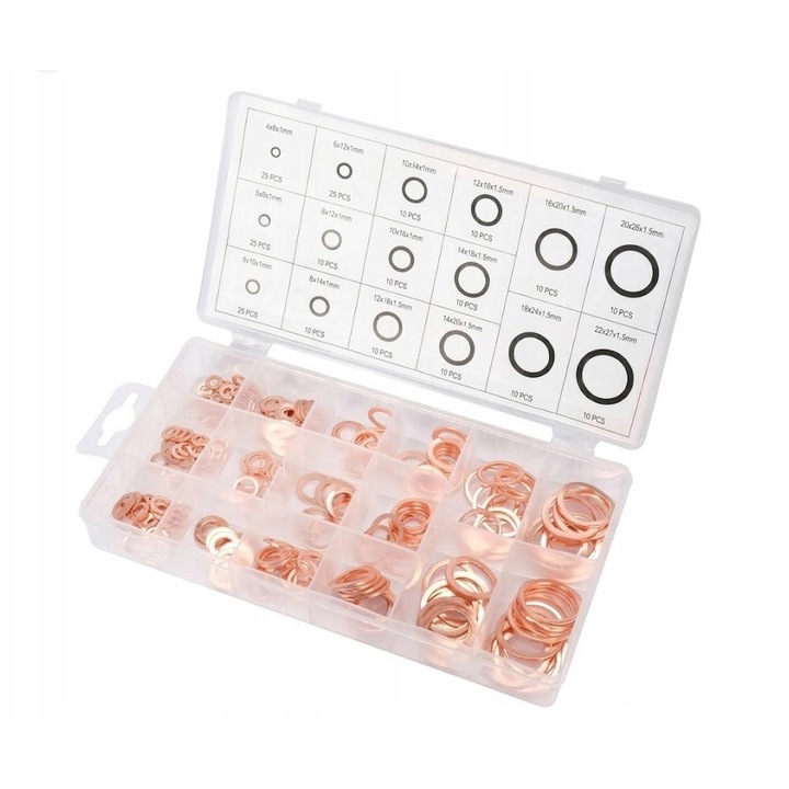 Set de 12 garnituri de cupru pentru etansare in organizer transparent