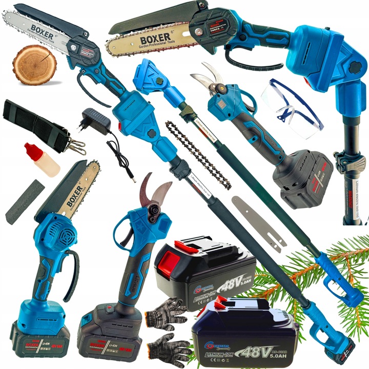 Set Mega Boxer 4 in 1, pila cu lant si secator, 2 acumulatori 48V 5Ah, taiere pana la 4m, 6"