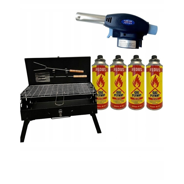 Set Camping: Grill Turistic cu Palnik Gazos + 4 Cartuse Gaz, Arzatoare Camping