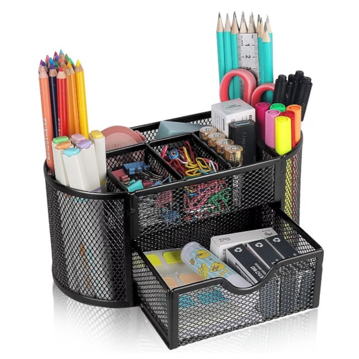 Organizator Birou Metalic, 8 Compartimente Cu Plasa Metalica, 1 Sertar, Dimensiune 22 x 11 x 10 cm, Culoare Neagra