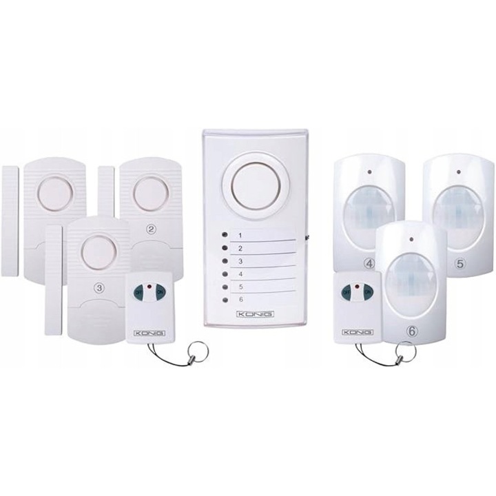 Безжична алармена система Konig SAS-ALARM120 с 3 сензора за врати/прозорци и 3 PIR сензора, бял, стандартни размери