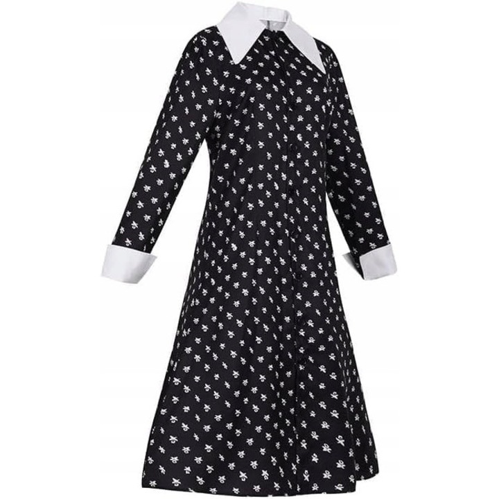 Costum de Halloween pentru fetite Wednesday Addams, dimensiune 130, 85x30x77cm, alb-negru