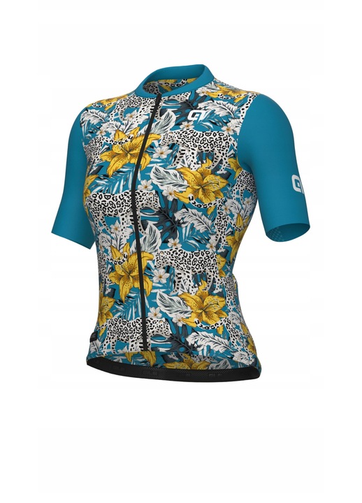 Tricou de ciclism pentru femei Ale Cycling PR-E, design floral, tehnologie Body Mapping, albastru, material respirabil