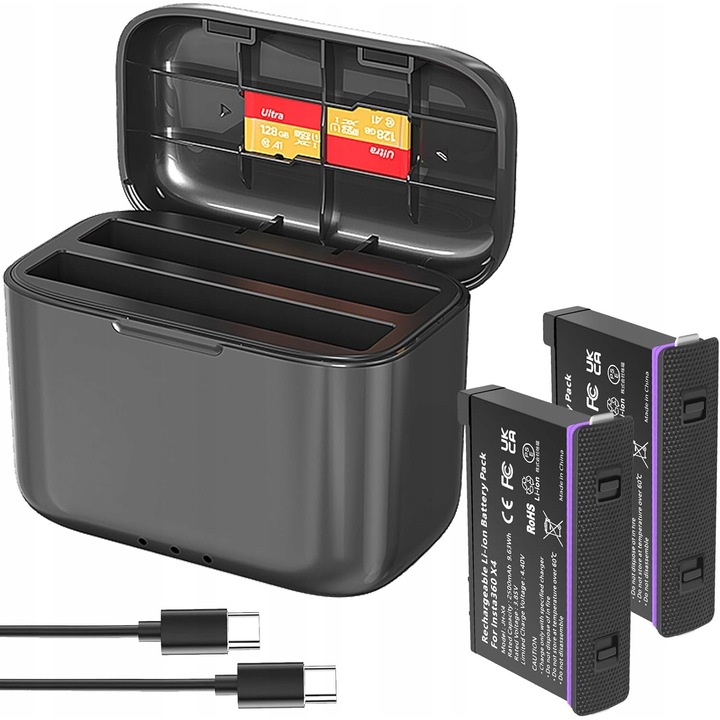 Двойно зарядно устройство с 2 батерии за камера Insta360 X4, USB Type-C кабел, кутия за съхранение, преносимо