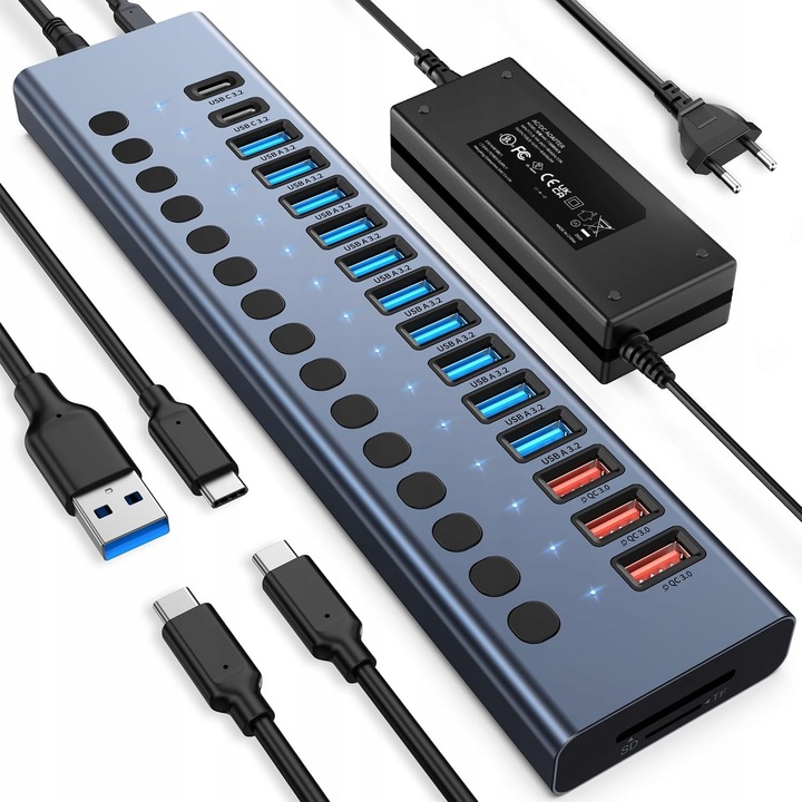 USB хъб 10Gbps, 17 порта, 96W, 10x USB-A 3.2, 3x бързо зареждане, 2x USB-C, четец на SD/TF карти