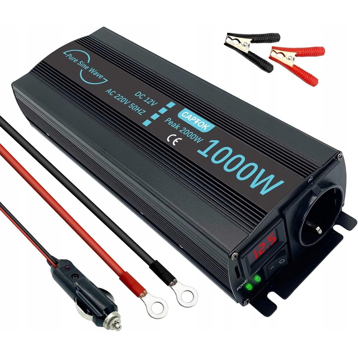 Invertor auto CAPTOK 1000 W/2000 W, 12 V la 230 V, cu display LCD, protectie la supratensiune, 1000 W max.