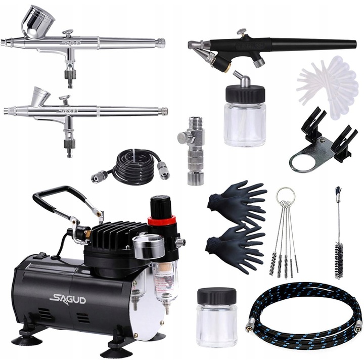 Set aerograf cu compresor, 3 aerografe, accesorii, multicolor, 25 piese