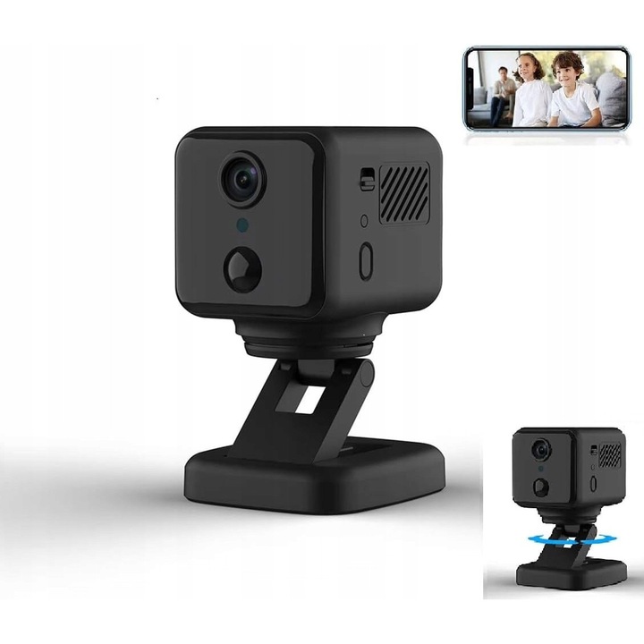 Mini WiFi kémkamera 1080P, 360 fokban forgatható, mozgásérzékelés, méretek 53x42x48mm