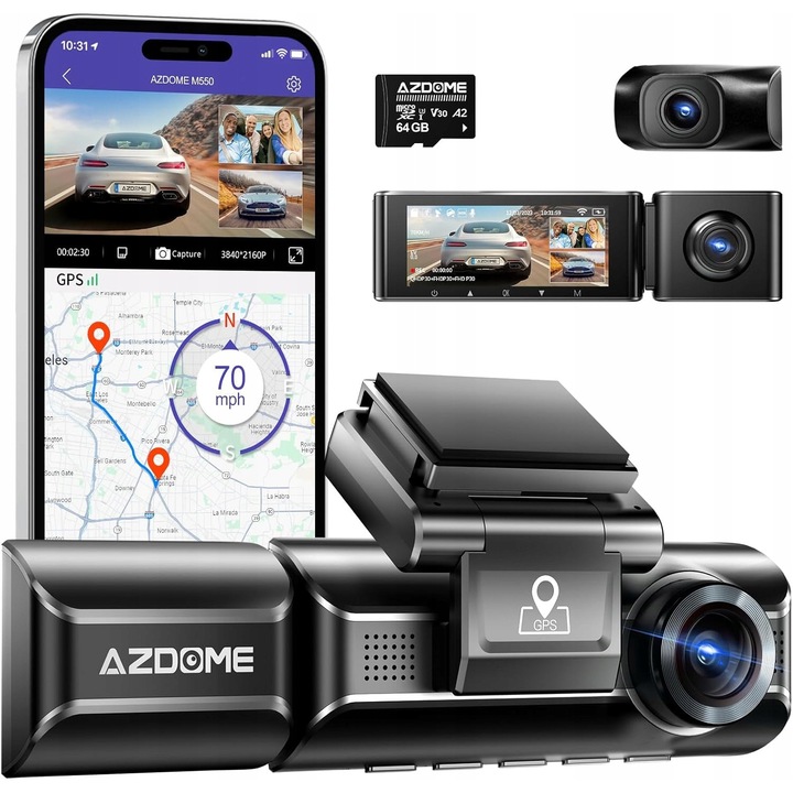 Camera auto DVR Azdome M550 4K+1080P, WiFi, GPS, cu card micro SD 64 GB