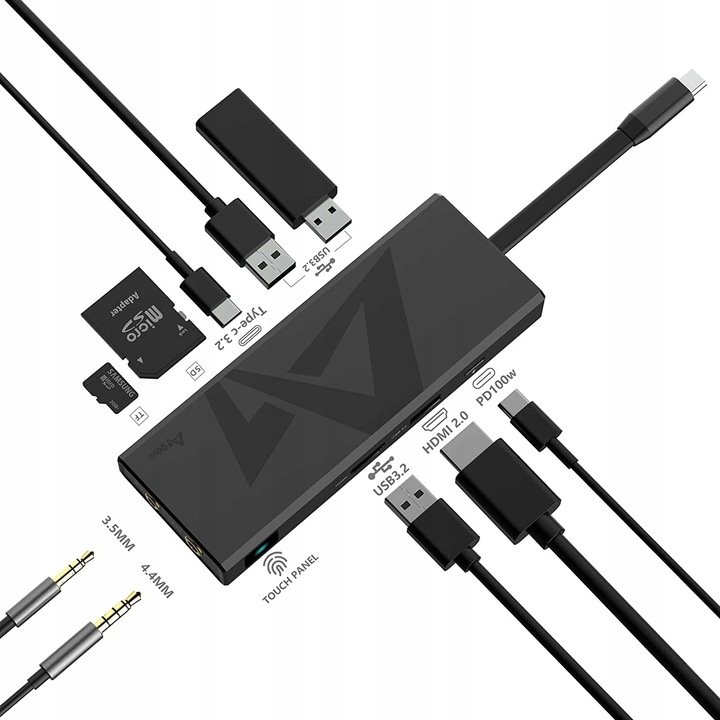 Ikko ITX01 USB C dokkolóállomás, 10 az 1-ben, 4K HDMI, 3 USB 3.2, 3,5 mm és 4,4 mm audio, kompakt, 96g
