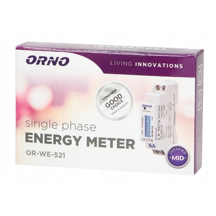 OR-WE-521 1-fázisú elektromos energiamérő, ORNO, 5A, 40A, IP51, 18x110x60mm