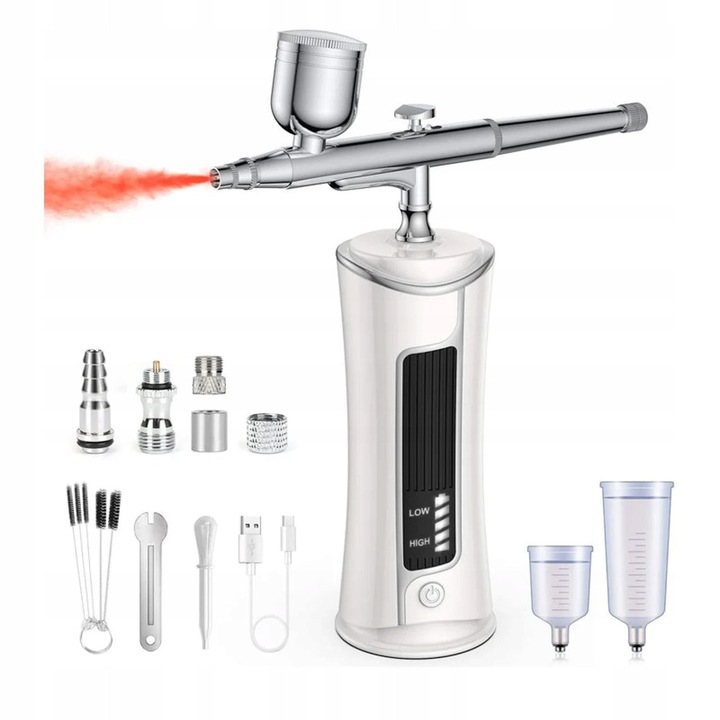 Aerograf wireless, set dual-action, display LED, 0,3 mm, portabil, pentru machiaj si decorare, alb