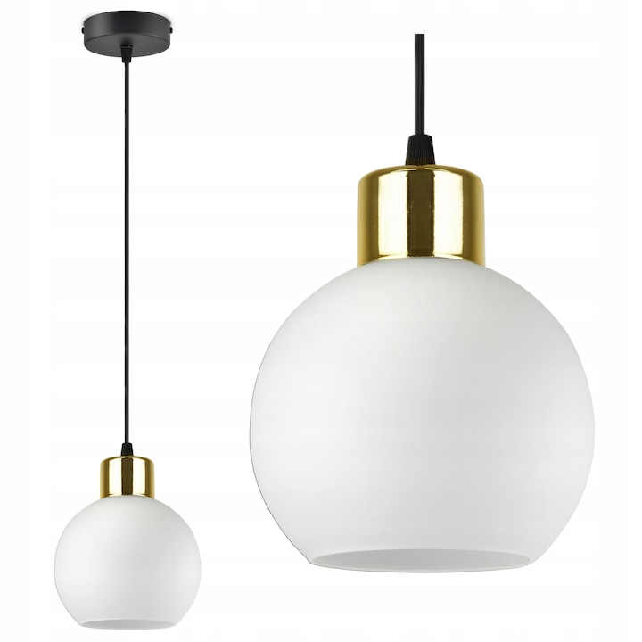 Lustru cu lampa suspendata, Luxolar, sticla alba, 13cm, metal negru si auriu