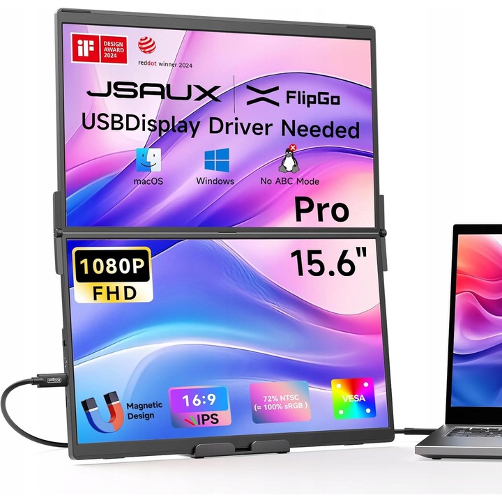 Monitor portabil Yodoit PTM15, 15.6", 1920x1080p FHD IPS, cu difuzoare, negru