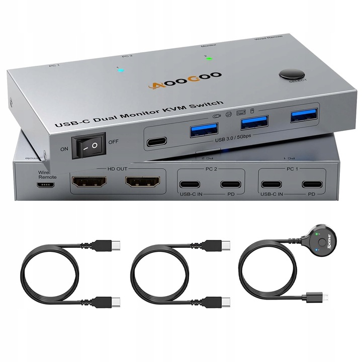 USB-C KVM kapcsoló, 2 laptop, 2 monitor, 4 USB 3.0 port, fekete