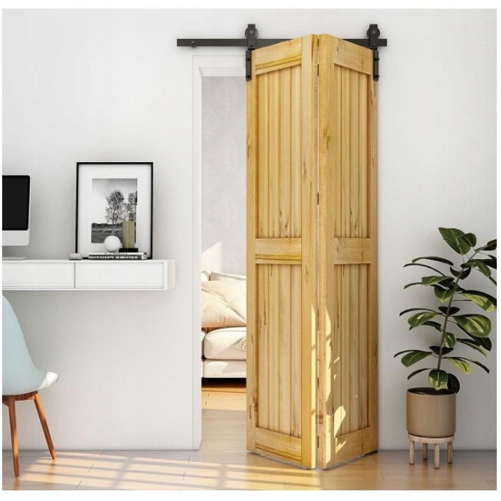 Set complet sistem usi glisante Bifold, 102cm, 2 roti, negru, pentru usi din lemn 48cm