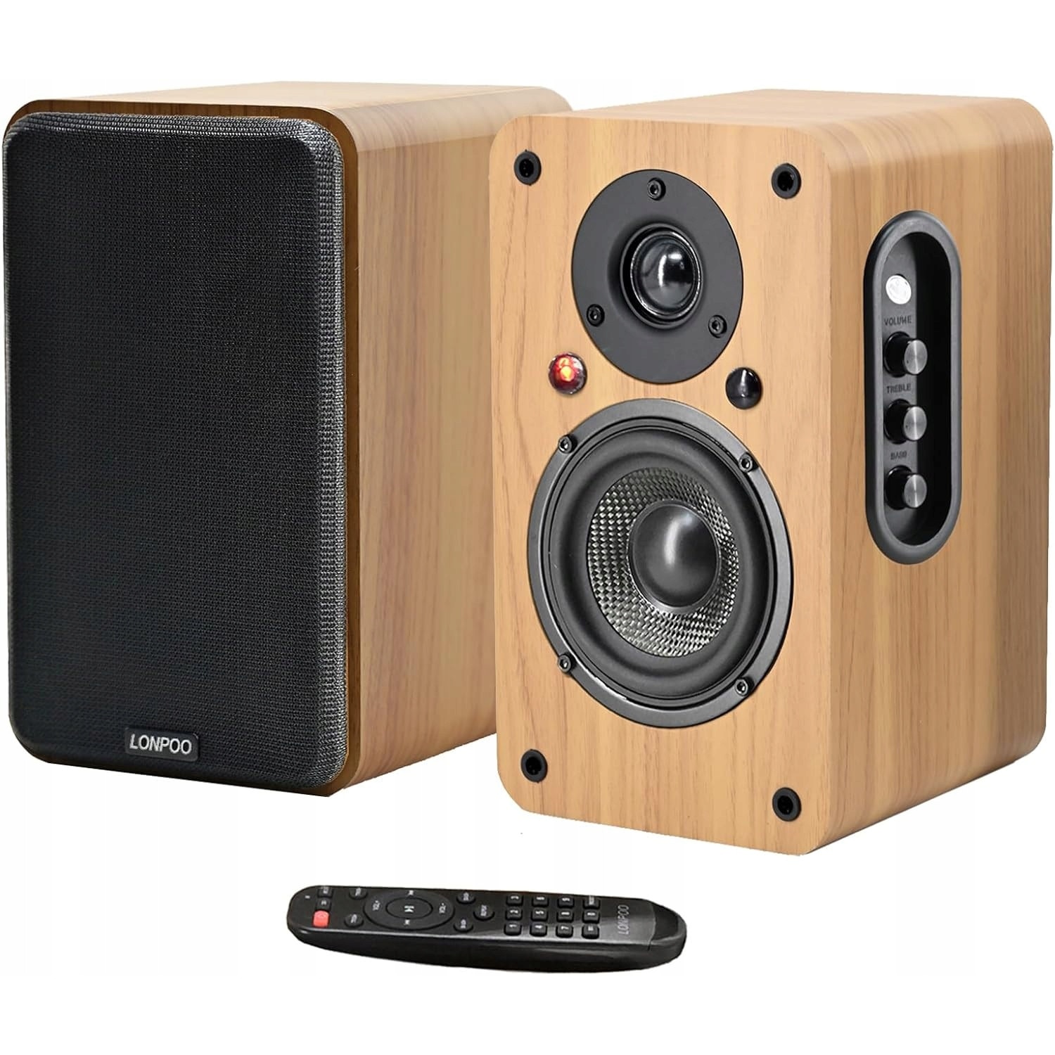 Boxe active Lonpoo LP-42X EVJU407838019, 100 W, amplificator clasa D 50 W x2, HDMI ARC, optic, coaxial, Bluetooth 5.0, USB, AUX, reglaj tonuri, carcasa MDF, negru/lemn