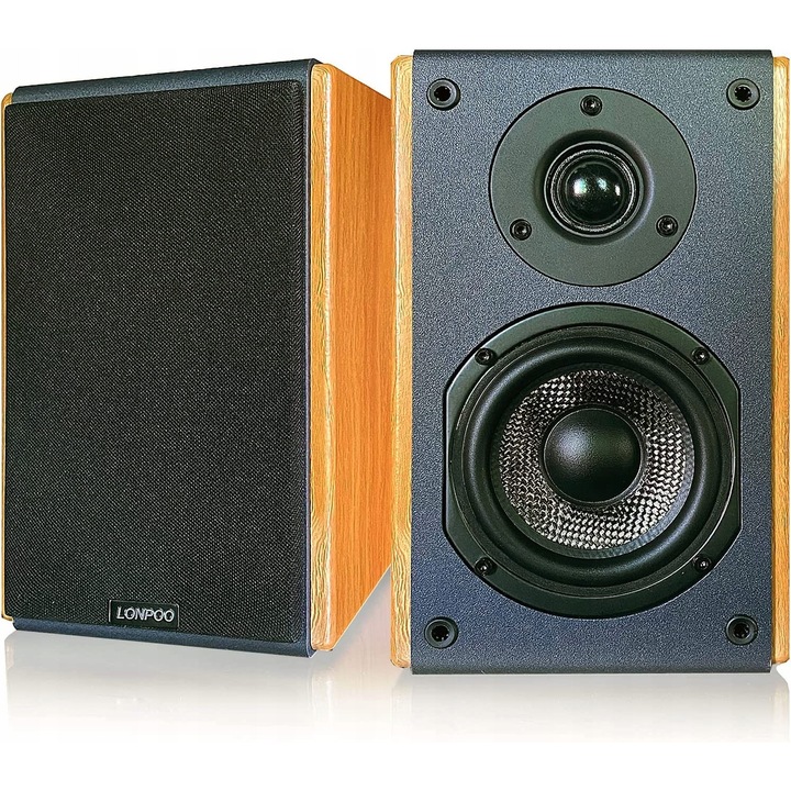 Boxe active Lonpoo LP-42X EVJU407838019, 100 W, amplificator clasa D 50 W x2, HDMI ARC, optic, coaxial, Bluetooth 5.0, USB, AUX, reglaj tonuri, carcasa MDF, negru/lemn