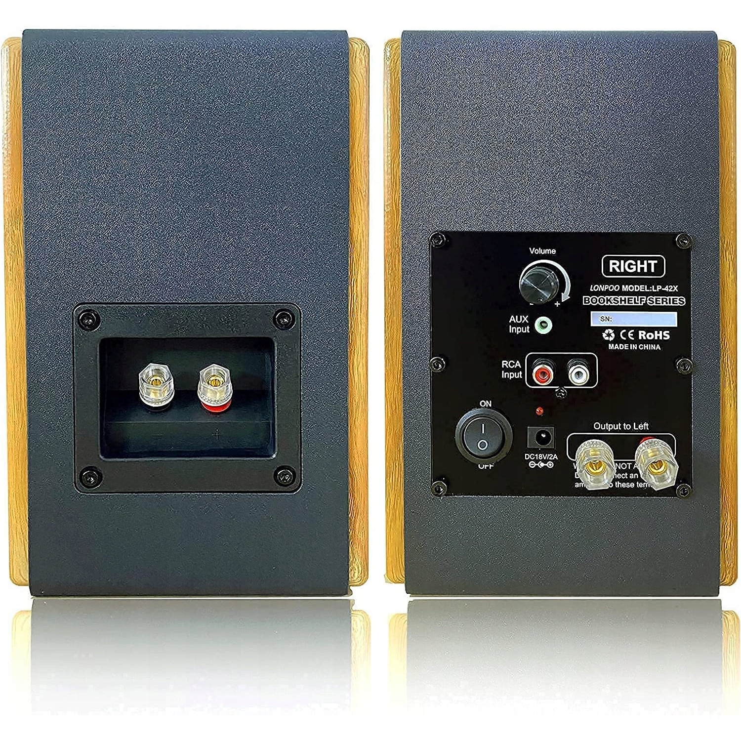 Boxe active Lonpoo LP-42X EVJU407838019, 100 W, amplificator clasa D 50 W x2, HDMI ARC, optic, coaxial, Bluetooth 5.0, USB, AUX, reglaj tonuri, carcasa MDF, negru/lemn