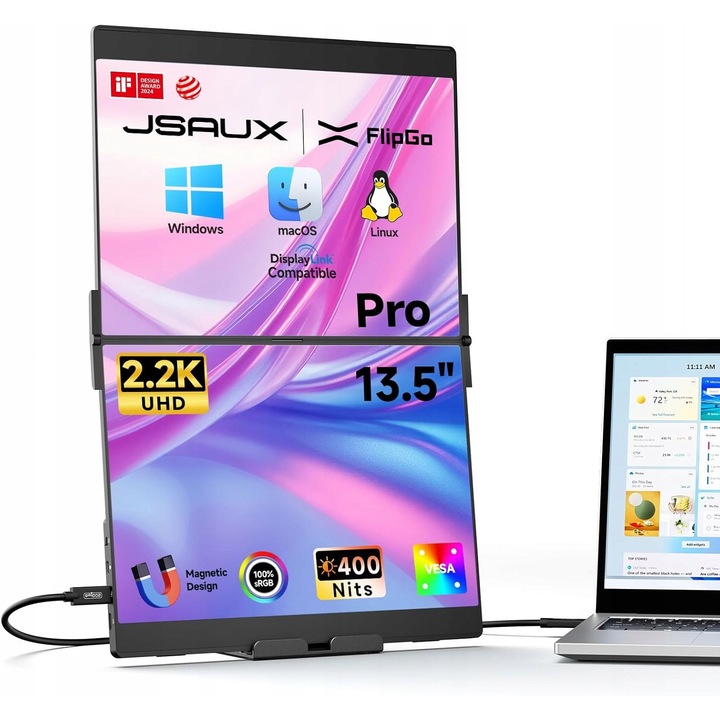 Преносим монитор JSAUX FlipGo 13,5" 2,2K, двоен екран, 400 нита, USB-C