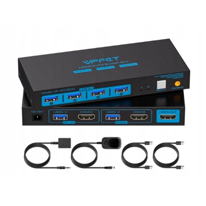 KVM DisplayPort kapcsoló, 2 portos, 8K 60Hz, USB 3.0, fekete