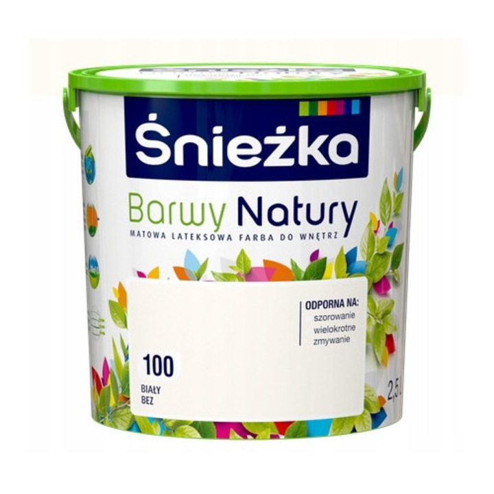Vopsea Barwy Natury, Sniezka, alb, 2,5 l, rezistenta la stergere, aplicabila pe diverse suprafete