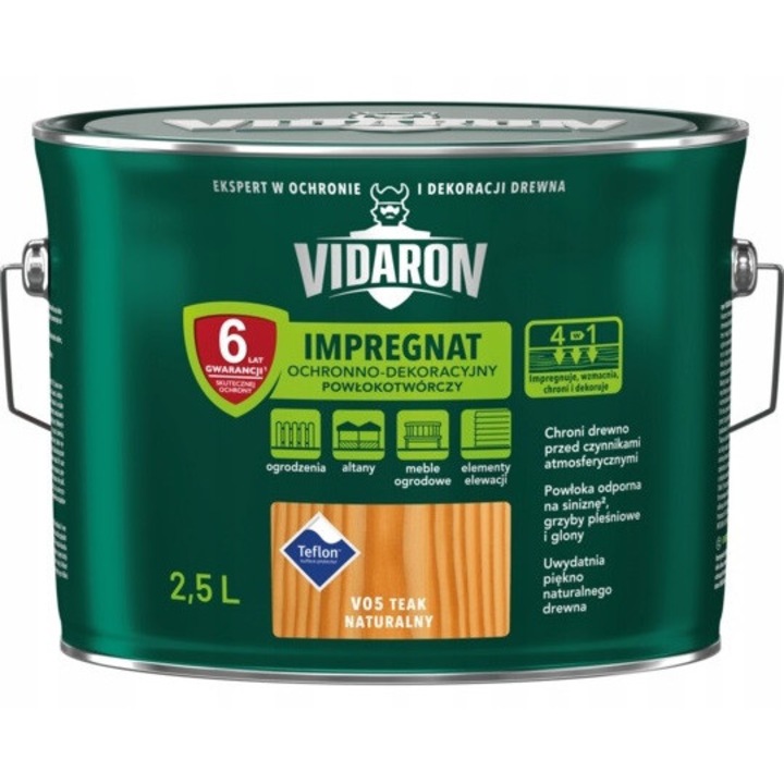 Impregnáló faanyaghoz, Vidaron, Teak Natural V05, 2.5L, 4 az 1-ben, időjárásálló