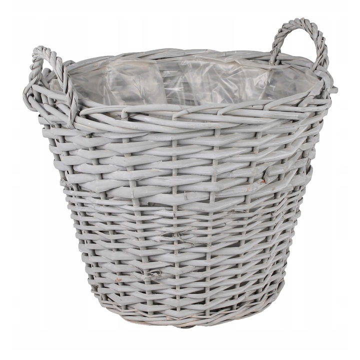 Cos rotund din rachita gri cu folie pentru flori, 38x38x30/35 cm