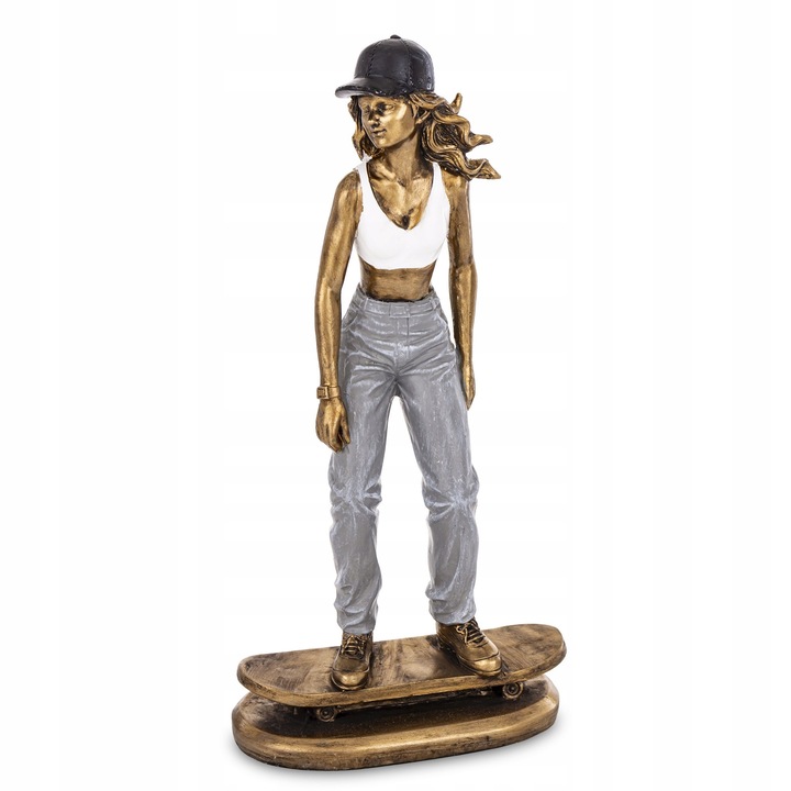 Gördeszkás lány figura, 26cm, arany részletek, modern stílus, dekoratív