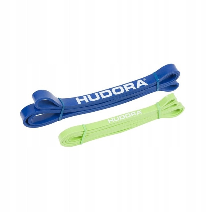 Set benzi elastice de exercitii Hudora, 2 bucati, verde si albastru, 2080x4,5x13mm, 2080x2,5x38mm