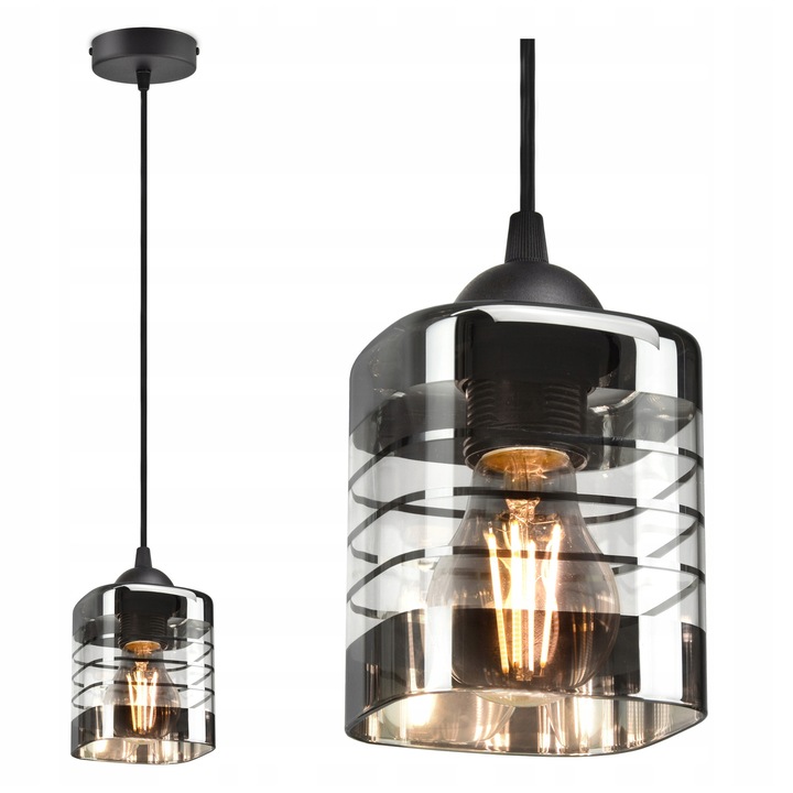 Lusta suspendata Luxolar, metalica, cu abajur din sticla, neagra mat, dimensiuni ajustabile