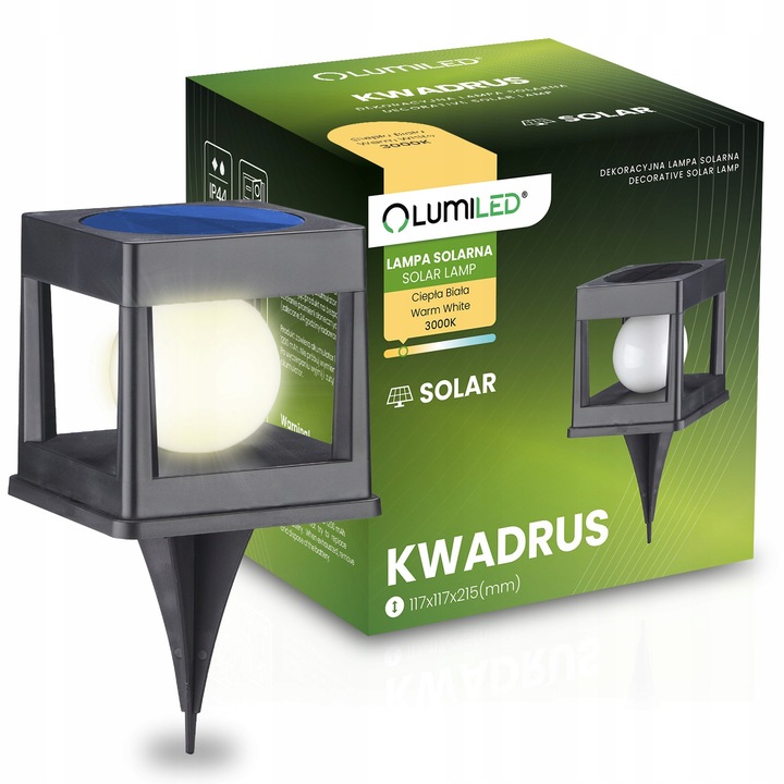KWADRUS napelemes lámpa, LED 3000K, fekete színű, méretei 11.7x21.5x11.7cm, 1 lámpa szett leszúrótüskével.