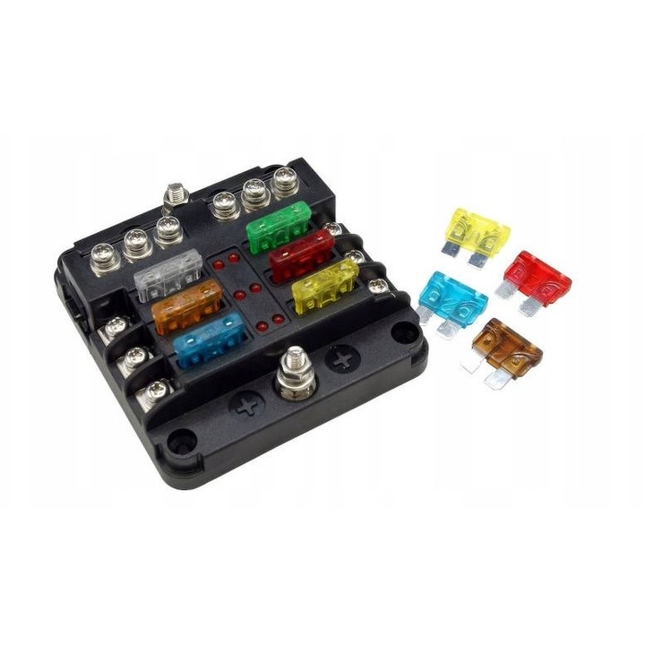 Lamex biztosítékdoboz, 6 áramkörös, LED-es, 12V/24V, vízálló, 6 biztosítékkal