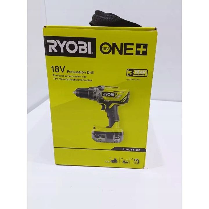 Ryobi R18DD3-2415BSA31 fúró-csavarozó, 2 akkumulátor 1x1,5Ah és 1x4,0Ah, 30 darabos bitkészlet, 18V