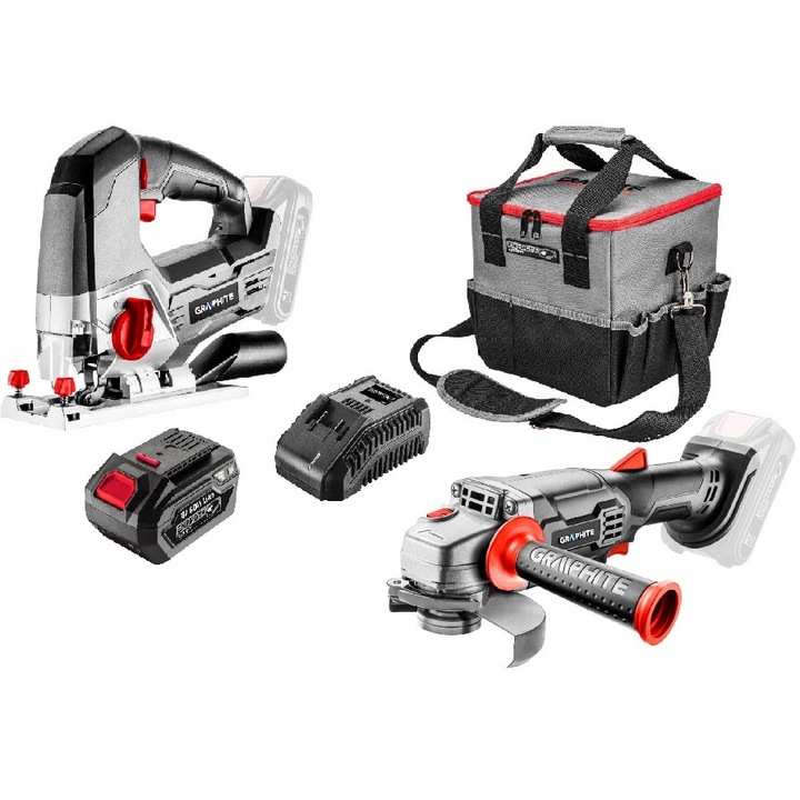 Graphite 6,0Ah 18V Energy+ elektromos szerszámkészlet, vasalat, csiszoló, táska, tartozékok