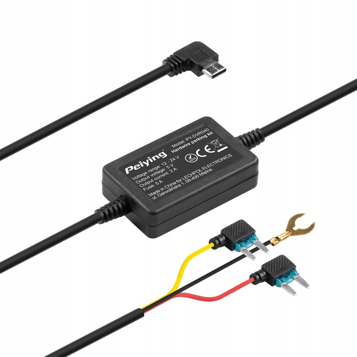 Peiying autós töltő adapter, USB-C, 12-24V, 5V/2A, 54x35x15mm, komplett szett