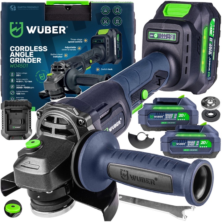Ъглошлайф Wuber, 125мм, 2x батерии 20V 4.0Ah, 3000-7000 об/мин, пълен комплект