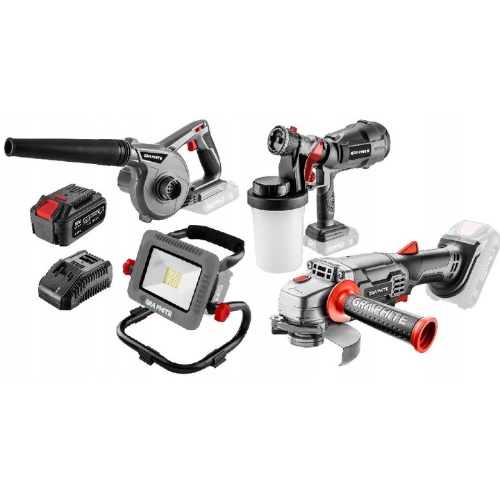 Set unelte Energy+ 18V Graphite, 4Ah, compus din: lampa LED, dmuchava, pistol de vopsit HVLP, slefuitor unghiular 125mm