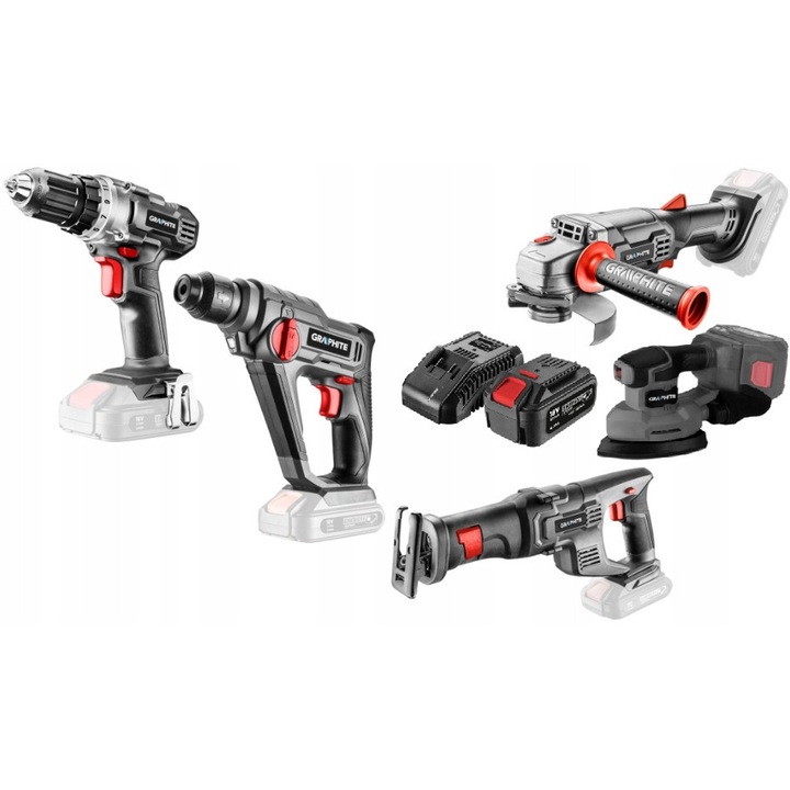 Set unelte electrice Graphite Energy+, slefuitor, ciocan rotopercutor, si alte unelte, acumulator 4Ah