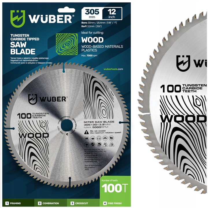 Режещ диск WUBER 305x30mm 100T, за дърво, прецизно рязане, комплект с адаптер 25.4mm