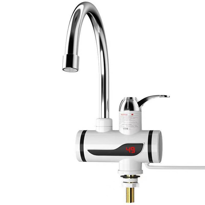 Robinet electric cu apa calda instantanee, cu ecran digital si canal de scurgere, conducta flexibila. Potrivit pentru chiuvete din bucatarie, baie sau exterior. Putere 3000W, temperatura maxima 60°C, culoare alba